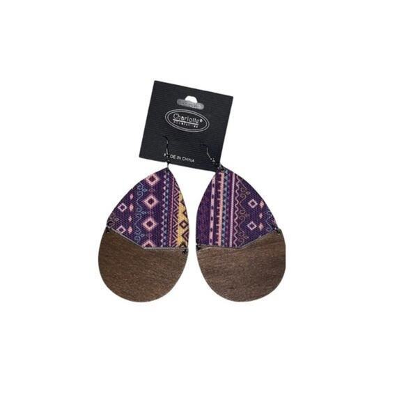 New NWT Wooden Fabric Covered Boho Aztec Dangle Earrings Purple Multicolor - Picture 1 of 5